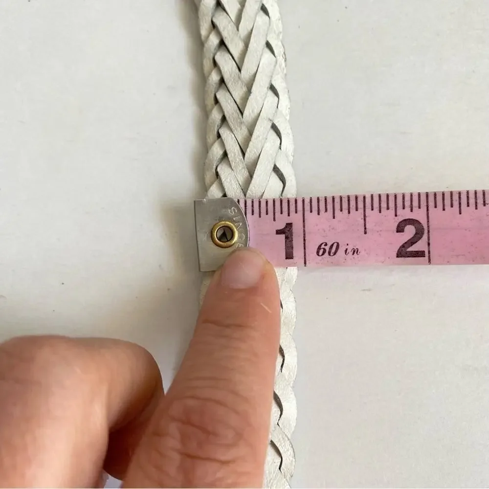 Vintage White Woven Leather Belt Braided Silver Tone Buckle Medium Large 90s Y2K